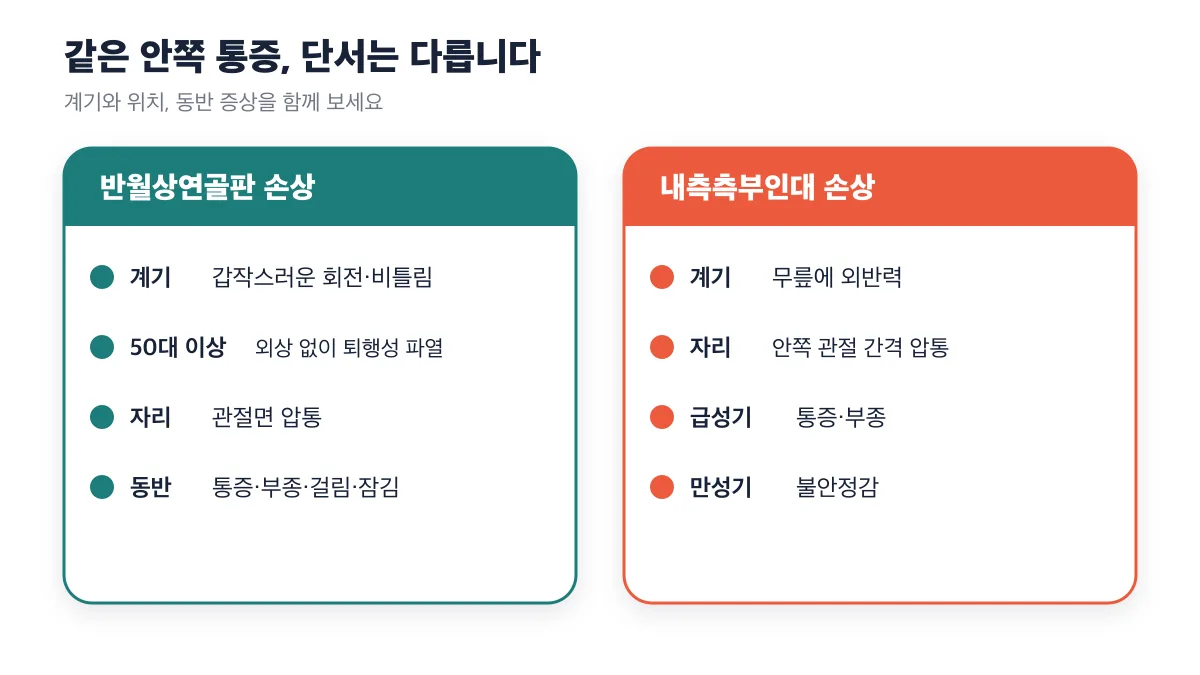 회전·비틀림과 걸림·잠김, 외반력과 불안정감을 비교한 두 손상의 구분 단서