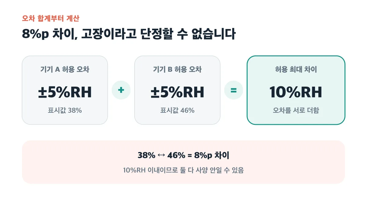 ±5%RH인 두 기기의 허용 오차를 더하면 최대 10%RH라서 8%p 차이는 사양 안일 수 있습니다