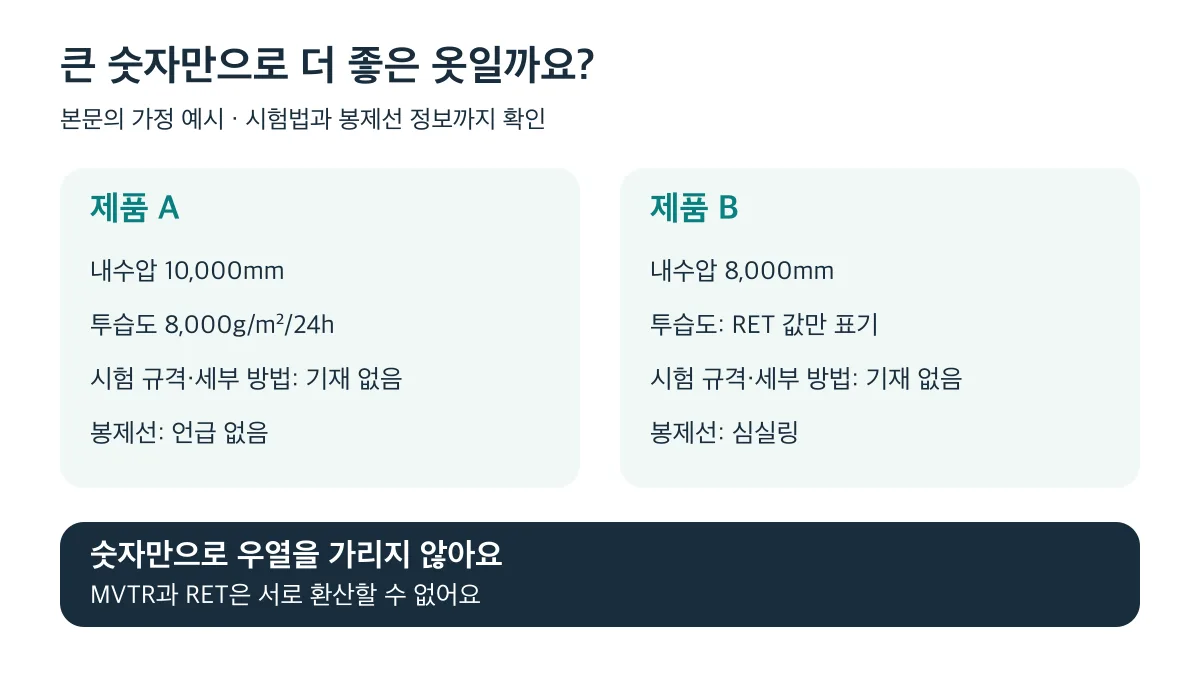 제품 A와 B는 시험법이 빠져 숫자만으로 우열을 가릴 수 없으며 MVTR과 RET은 서로 환산할 수 없음