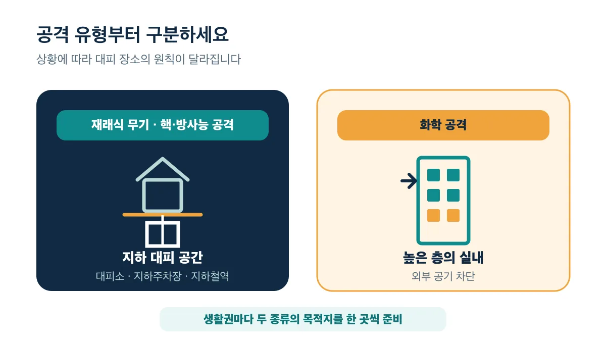 재래식·핵 공격은 지하 대피 공간으로 가고 화학 공격은 외부 공기를 차단할 수 있는 높은 층의 실내로 갑니다