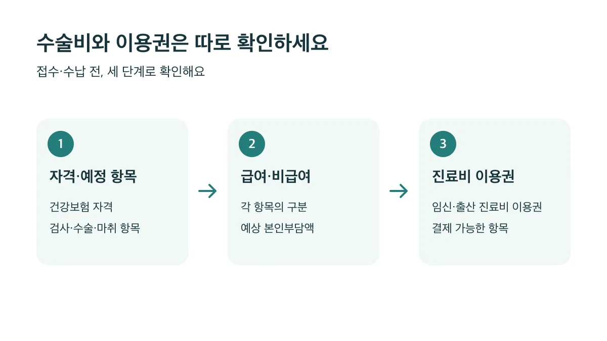 건강보험 자격과 예정 항목, 급여·비급여 및 예상 본인부담액, 진료비 이용권 결제 가능 여부를 순서대로 확인