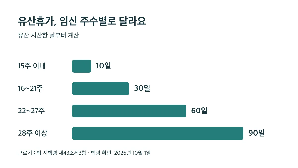 유산·사산한 날부터 계산하는 휴가는 임신 15주 이내 10일, 1621주 30일, 2227주 60일, 28주 이상 90일