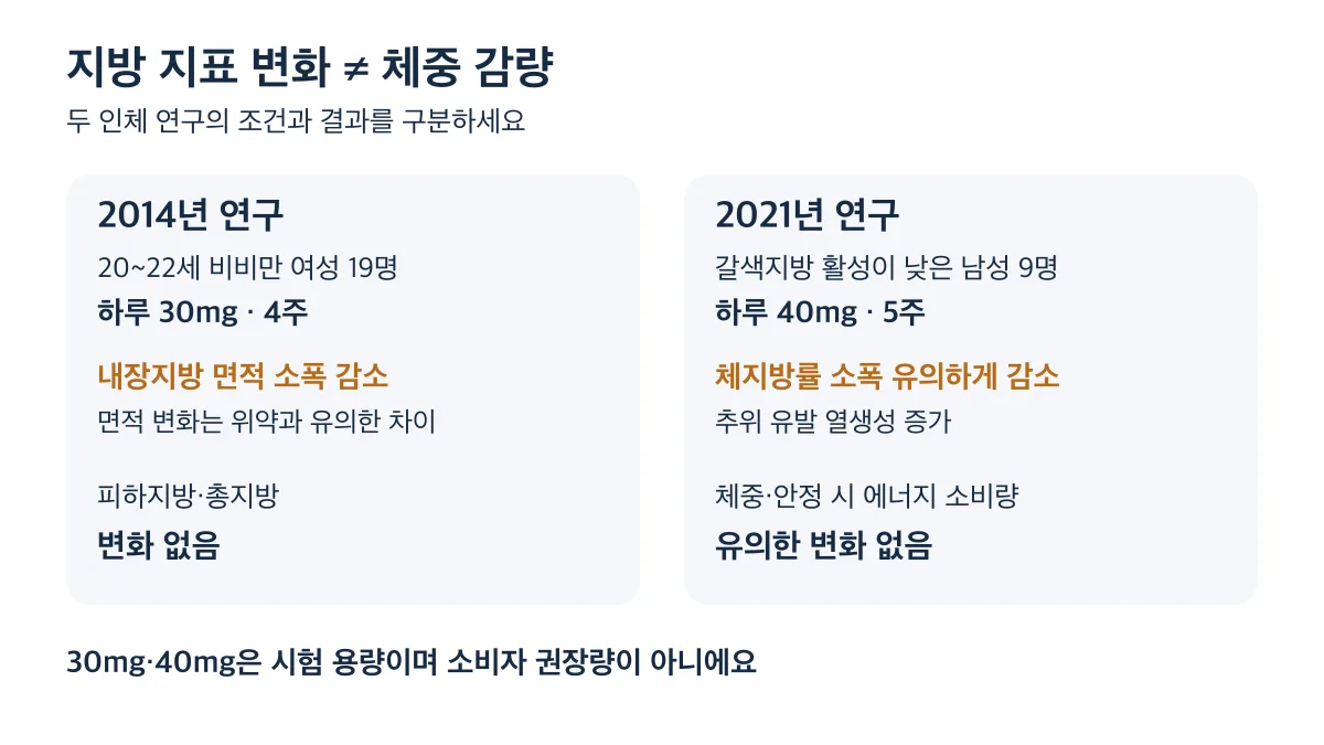2014년과 2021년 연구의 지방 지표 변화는 체중 감량 효과와 구분해야 하며 30mg과 40mg은 시험 용량입니다