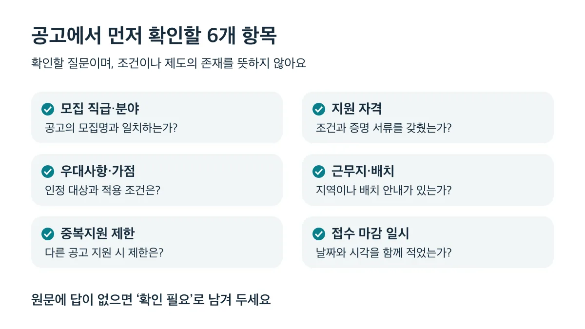 공고의 모집 분야·자격·우대·배치·중복지원·마감 일시를 확인하고 답이 없으면 확인 필요로 남긴다