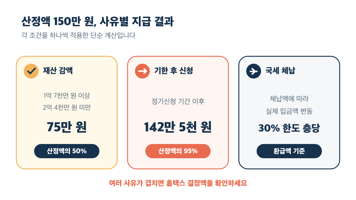 산정액 150만 원에 재산 감액, 기한 후 신청, 국세 체납을 각각 적용한 결과