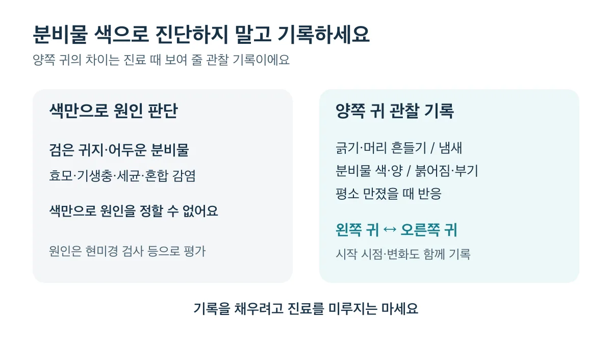 분비물 색만으로 원인을 판단하지 말고 양쪽 귀의 증상과 시작 시점·변화를 기록하세요