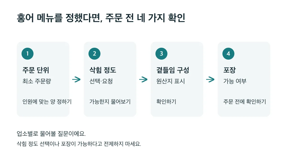 홍어 주문 전 주문량, 삭힘 정도, 곁들임과 원산지, 포장 가능 여부를 차례로 확인하세요