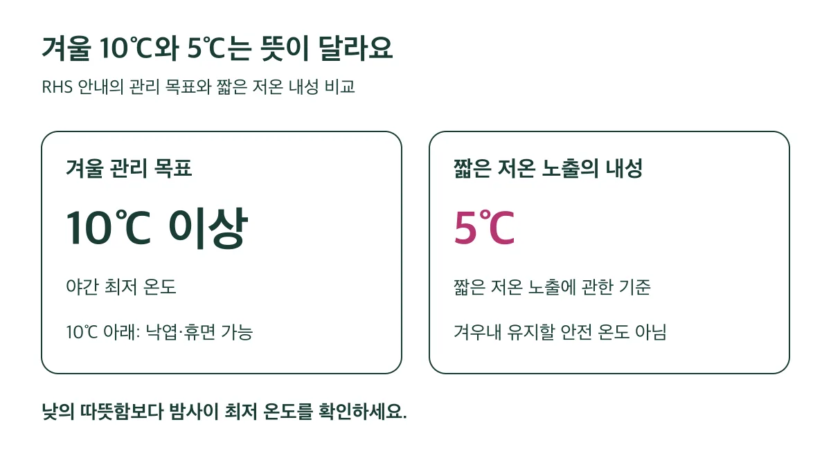겨울 야간 최저 관리 목표는 10℃ 이상이며 5℃ 내성은 짧은 저온 노출 기준