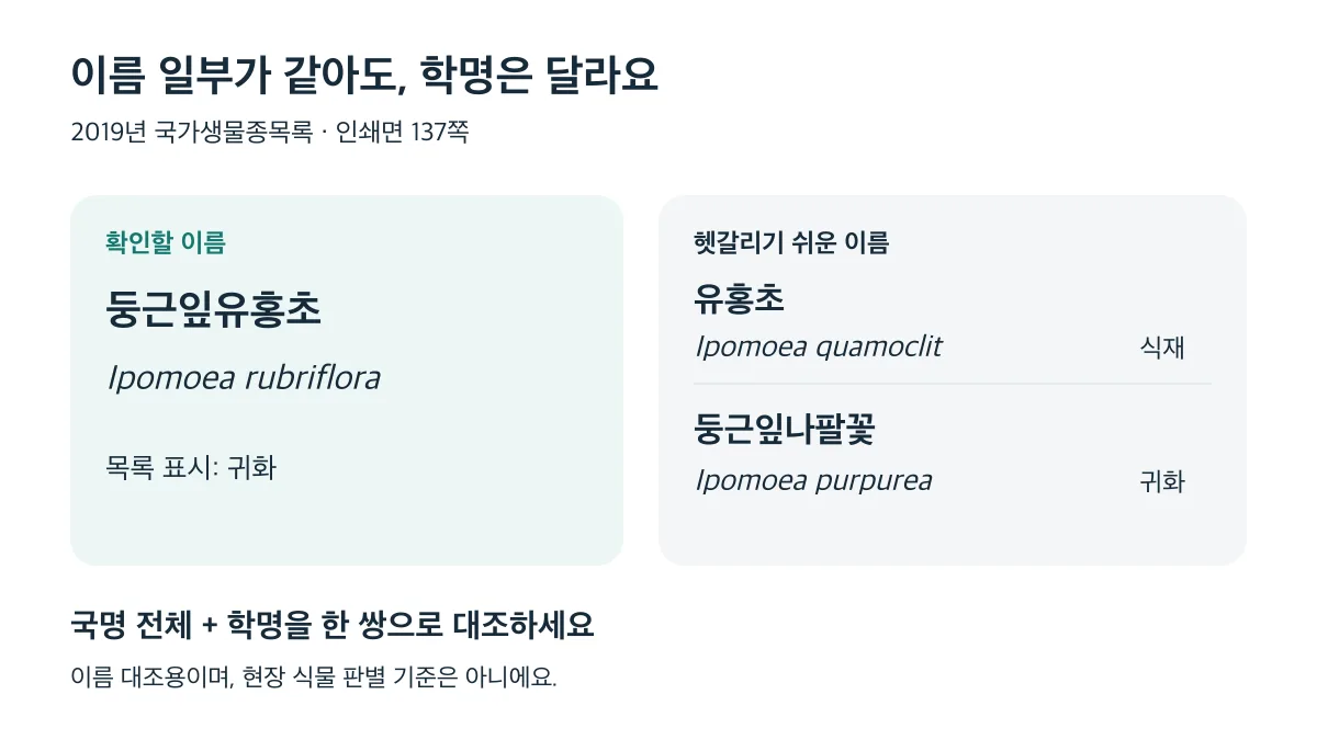 둥근잎유홍초·유홍초·둥근잎나팔꽃은 국명 전체와 서로 다른 학명을 한 쌍으로 대조해야 합니다
