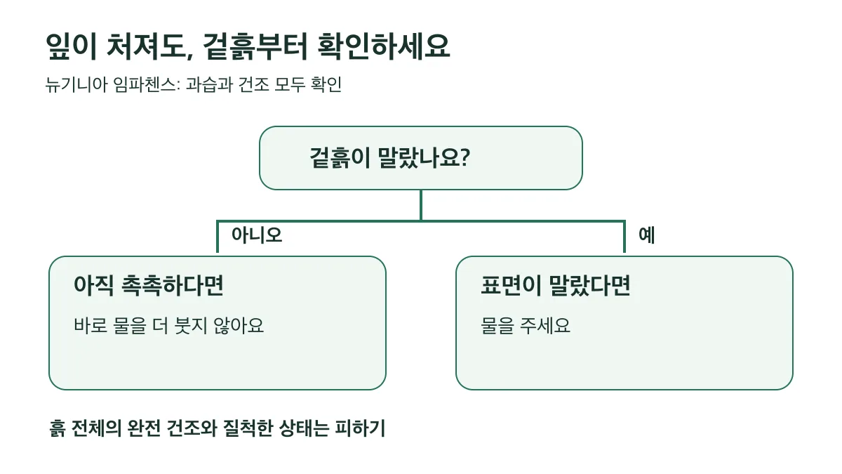 뉴기니아 임파첸스는 잎이 처져도 겉흙을 먼저 확인하고, 촉촉하면 물을 더 붓지 않으며 표면이 마르면 물을 줍니다