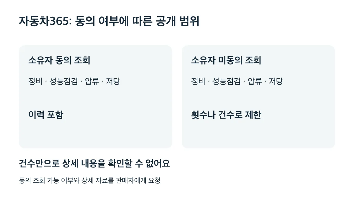 자동차365의 소유자 동의 조회는 이력을 포함하지만 미동의 조회는 해당 항목이 횟수나 건수로 제한된다