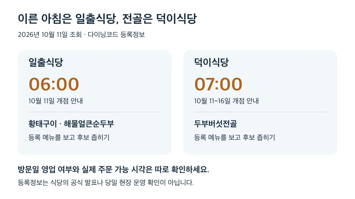 일출식당은 10월 11일 06:00, 덕이식당은 10월 11~16일 07:00 개점 안내이며 방문일 운영은 따로 확인해야 합니다