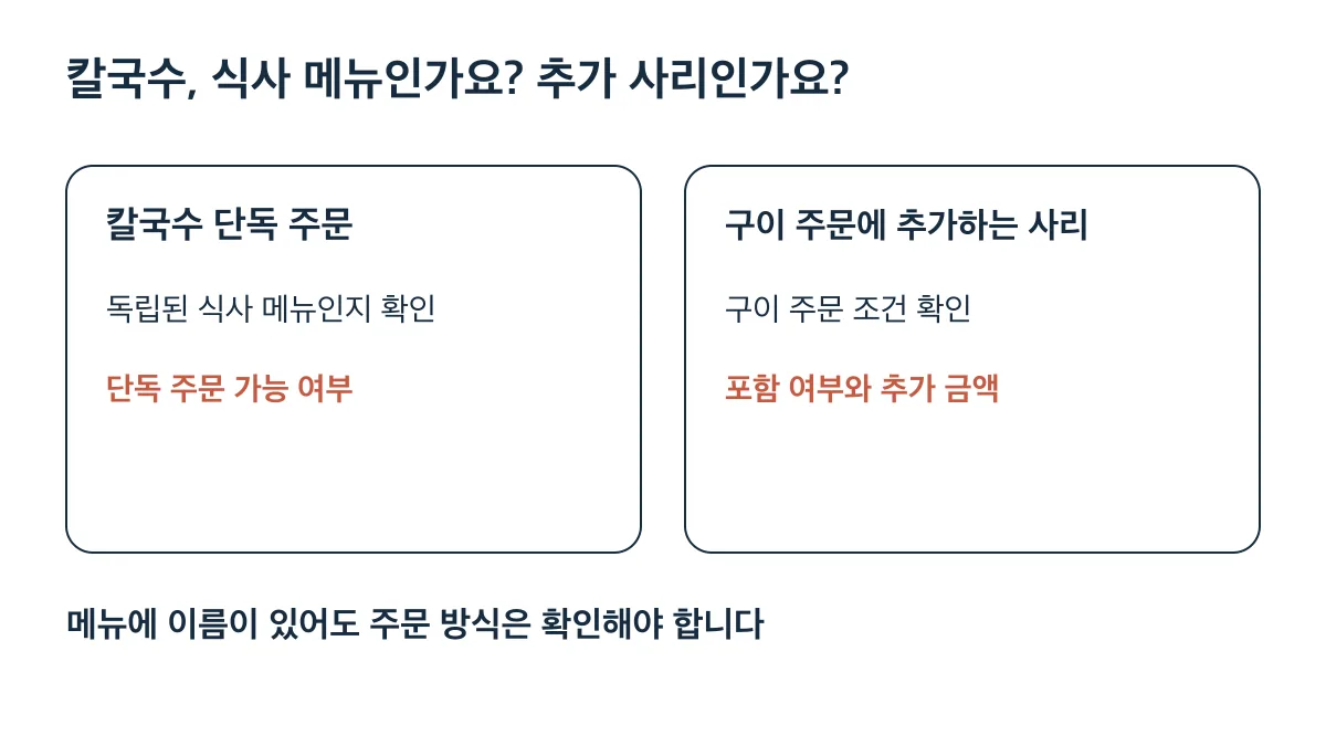 칼국수는 단독 식사 메뉴인지 구이 주문에 추가하는 사리인지 확인해야 합니다