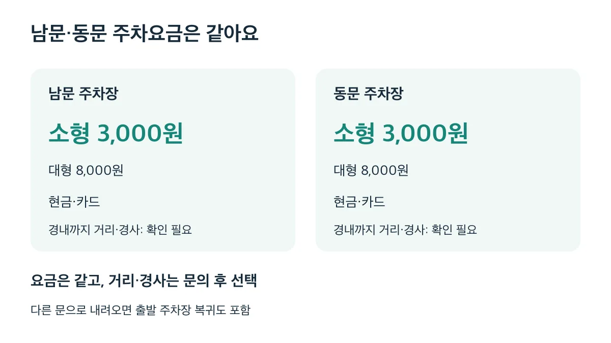 남문·동문 모두 소형 3,000원·대형 8,000원이며 거리와 경사는 확인이 필요합니다