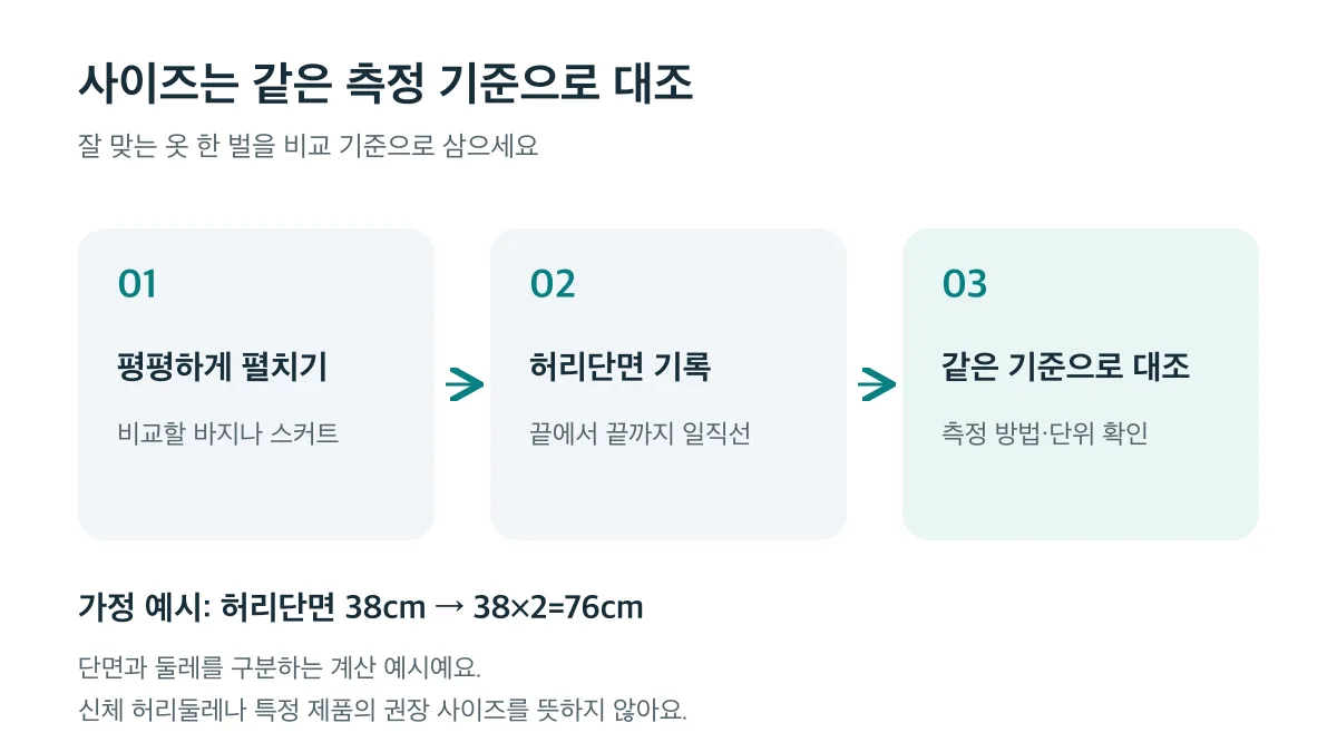 잘 맞는 옷을 펼쳐 허리단면을 재고 상품표와 같은 측정 방법과 단위로 대조하는 3단계