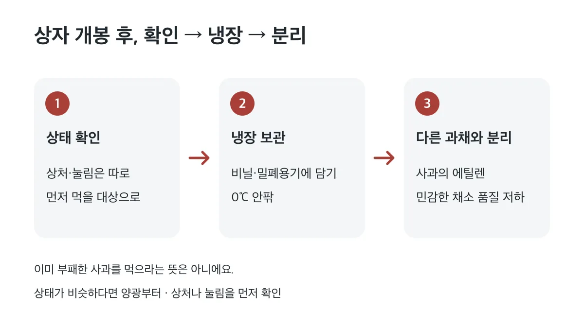 상태 확인 후 비닐이나 밀폐용기에 담아 0℃ 안팎에 냉장하고 다른 과일·채소와 분리하는 보관 순서
