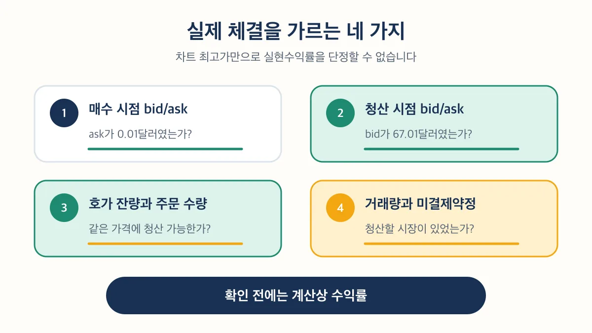 매수와 청산 시점의 bid/ask, 호가 잔량과 주문 수량, 거래량과 미결제약정을 확인해야 실현 가능성을 판단할 수 있음