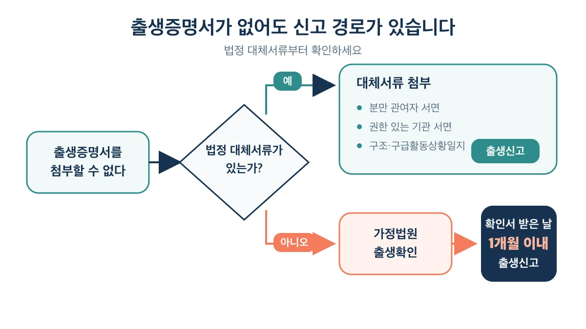 법정 대체서류가 있으면 첨부해 신고하고 없으면 가정법원 출생확인 뒤 1개월 이내 신고하는 경로
