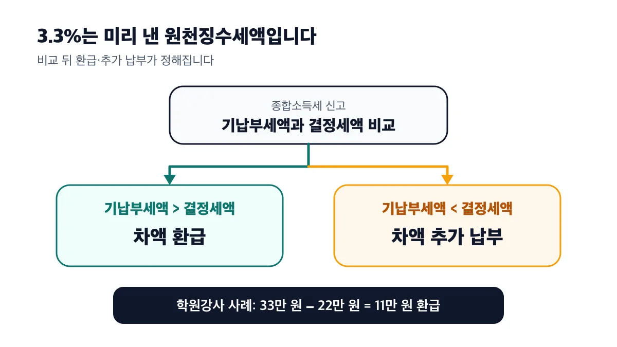 기납부세액과 결정세액을 비교해 환급 또는 추가 납부를 판단하는 분기