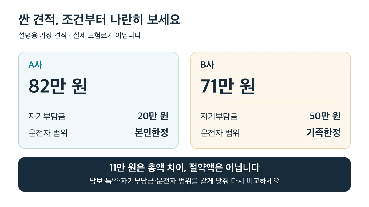 가상 견적 A사 82만 원과 B사 71만 원은 자기부담금과 운전자 범위가 달라 11만 원 차이를 절약액으로 볼 수 없다