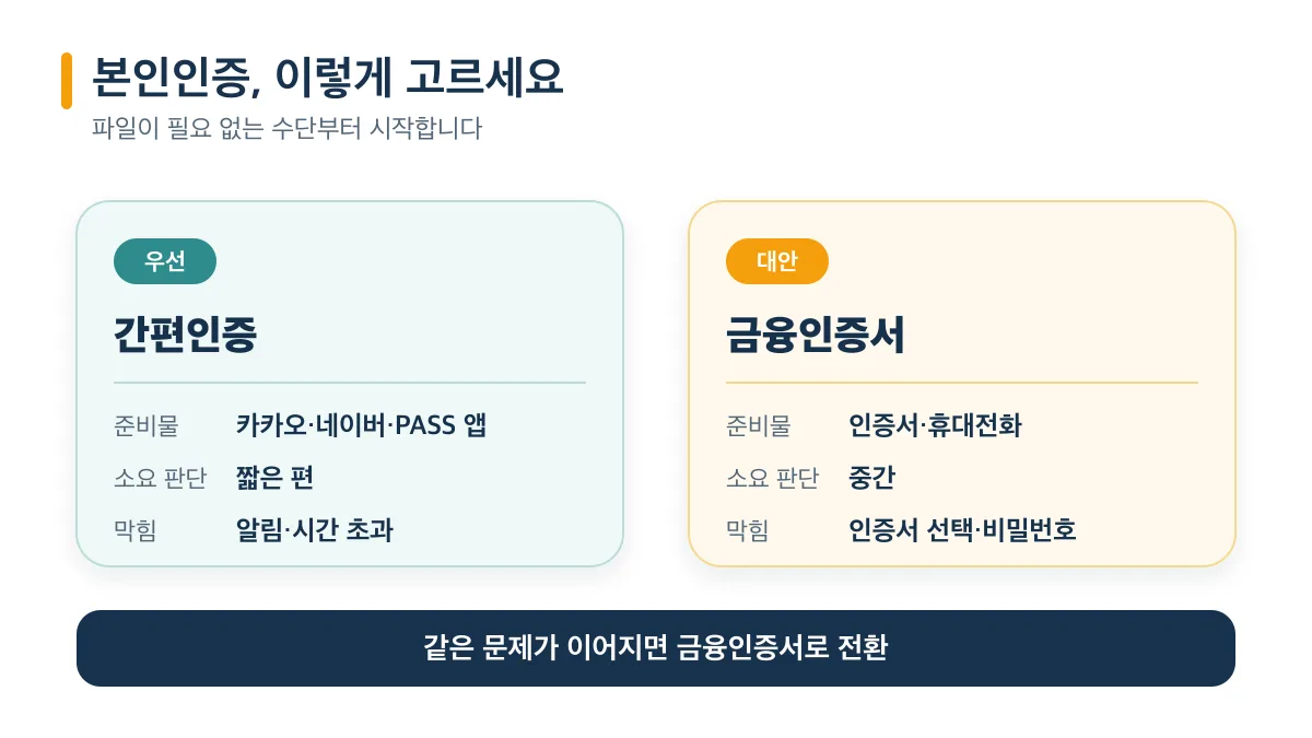 간편인증을 우선하고 문제가 이어지면 금융인증서로 전환