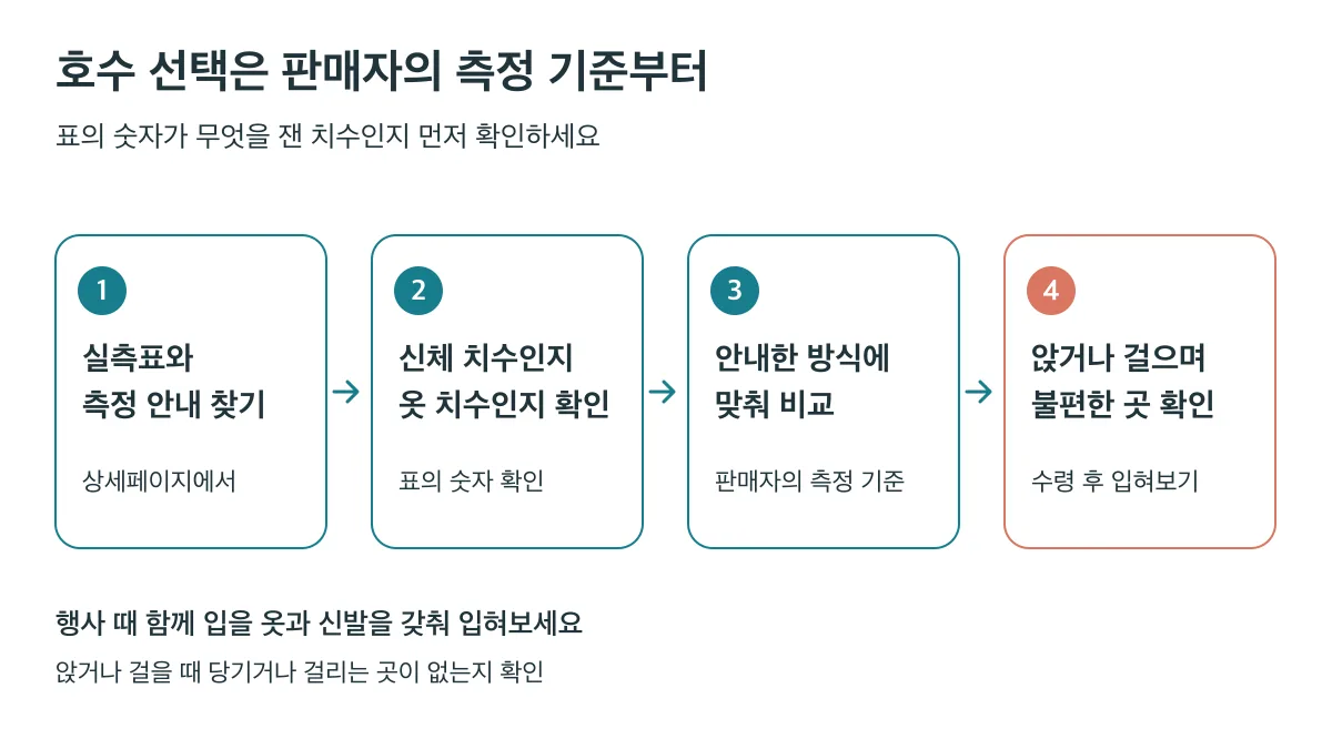 실측표와 측정 안내를 찾고 신체·옷 치수를 구분해 비교한 뒤 수령 후 앉기와 걷기를 확인하는 순서
