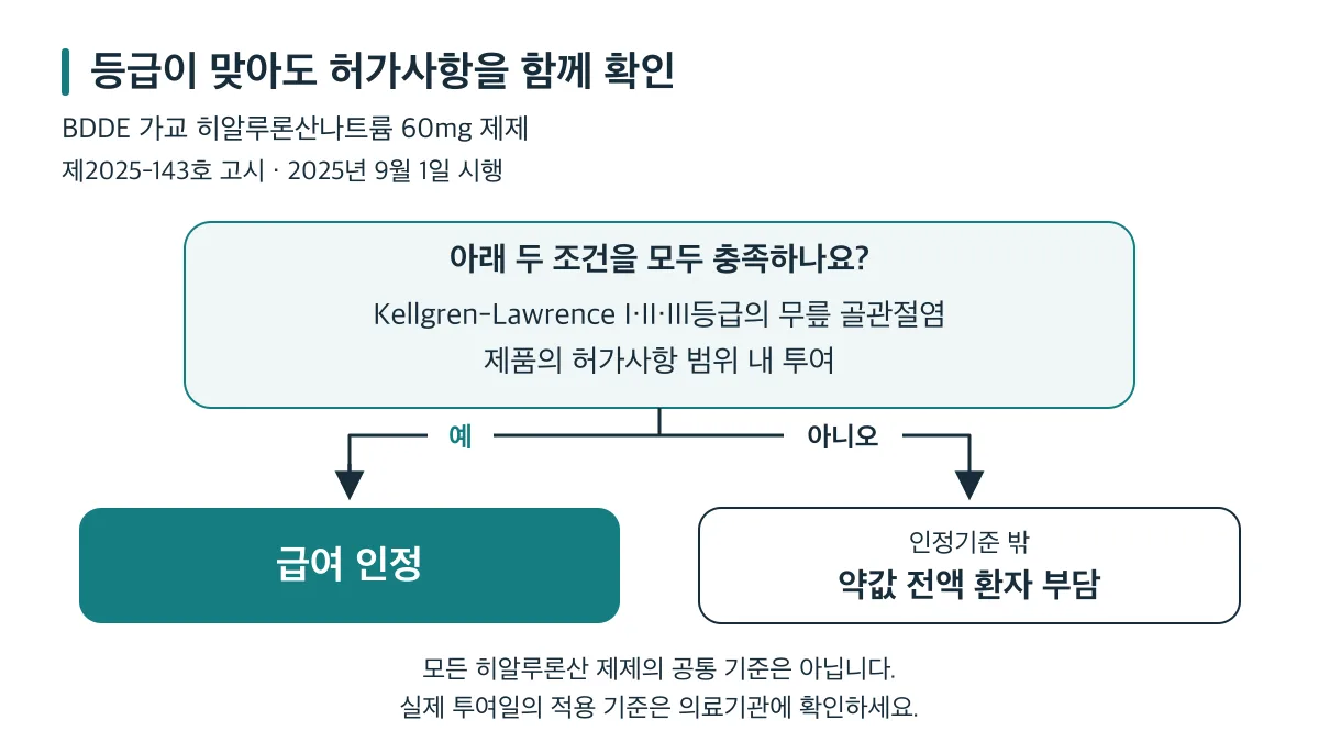 BDDE 가교 히알루론산나트륨 60mg 제제는 무릎 골관절염 I·II·III등급과 허가사항 조건을 함께 충족해야 급여가 인정되며, 인정기준 밖에서는 약값 전액을 환자가 부담합니다