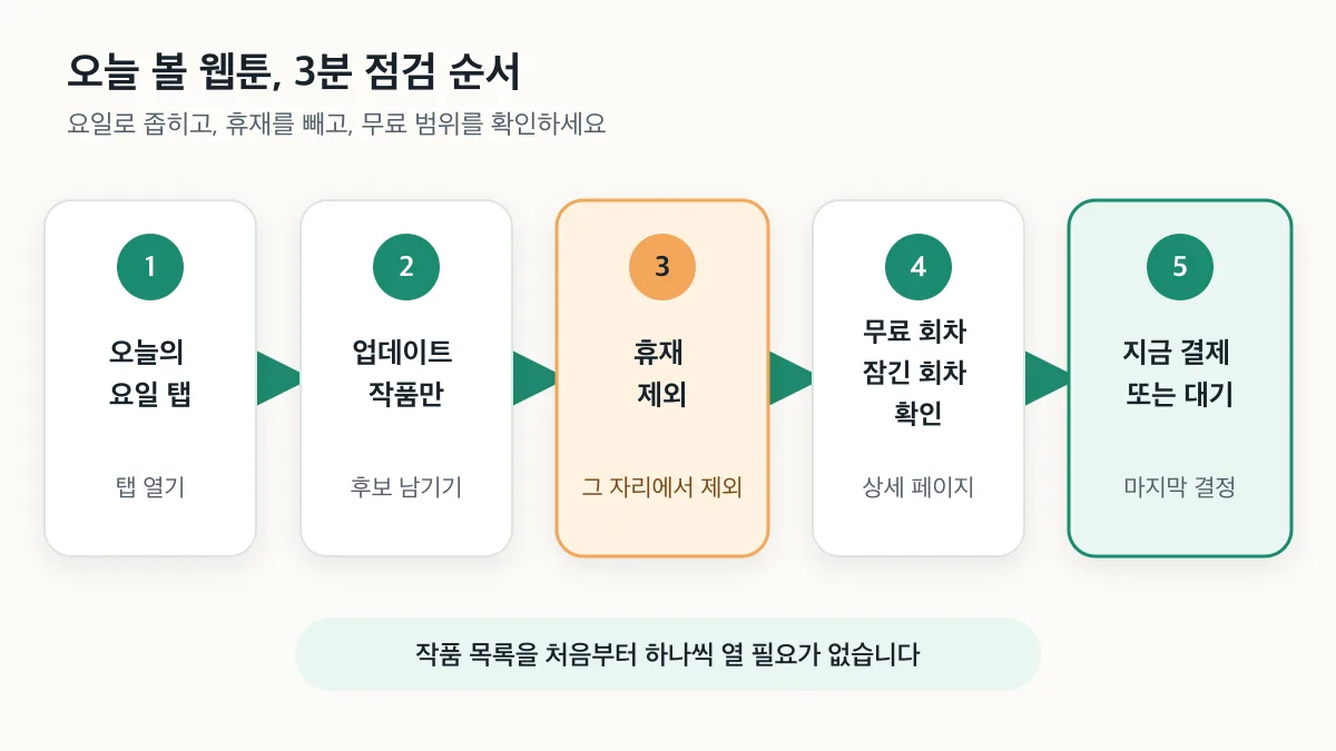 요일 탭부터 업데이트·휴재·무료 범위 확인을 거쳐 결제 또는 대기를 정하는 점검 순서