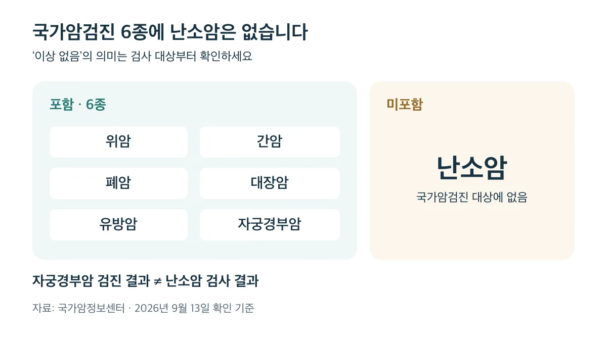 국가암검진 대상은 위암·간암·폐암·대장암·유방암·자궁경부암 6종이며 난소암은 포함되지 않습니다