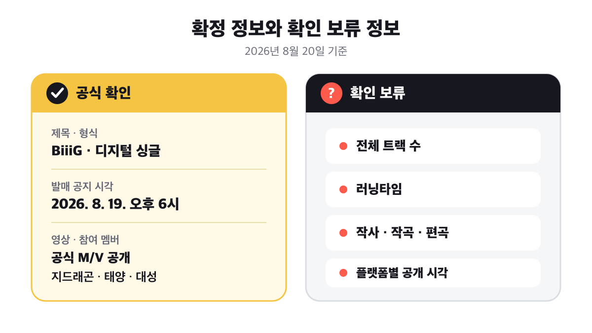 BiiiG의 공식 확인 정보와 아직 확인을 보류해야 할 정보를 구분한 비교