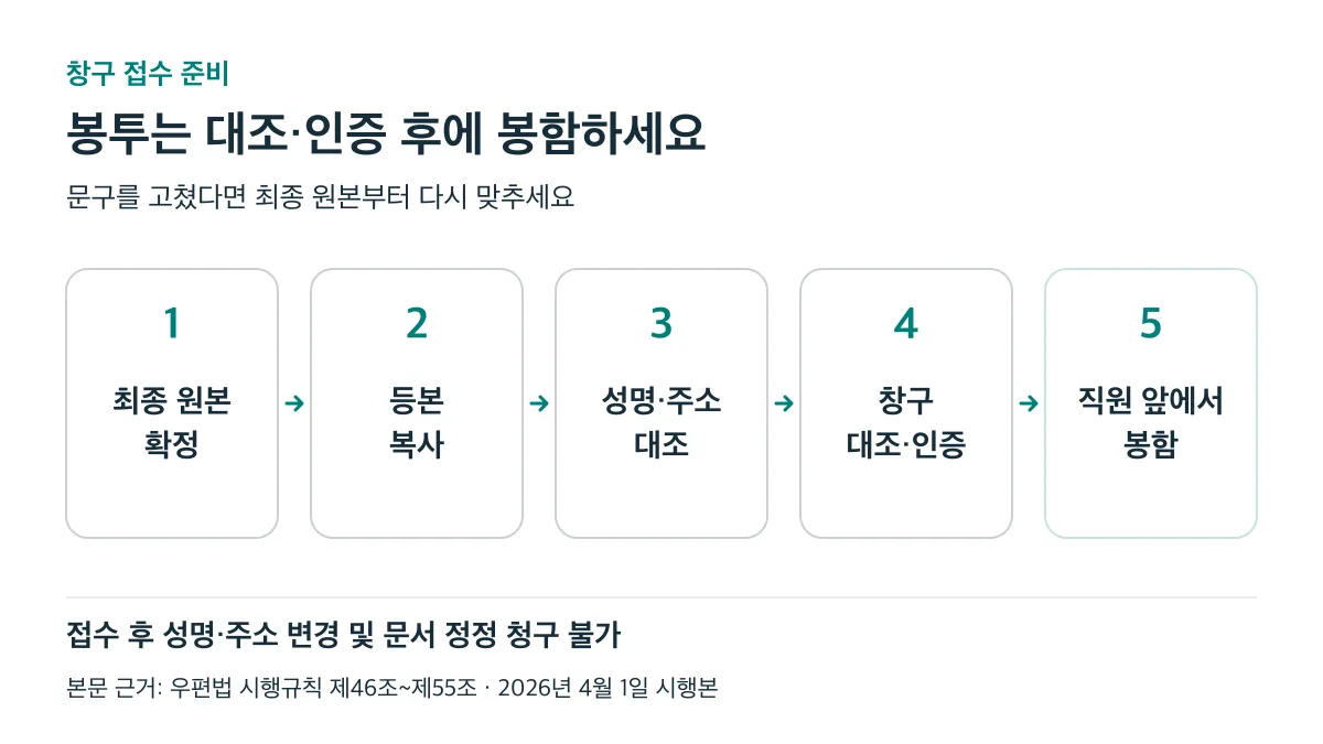 최종 원본 확정, 등본 복사, 성명·주소 대조, 창구 대조·인증을 거친 뒤 직원 앞에서 봉함하는 순서