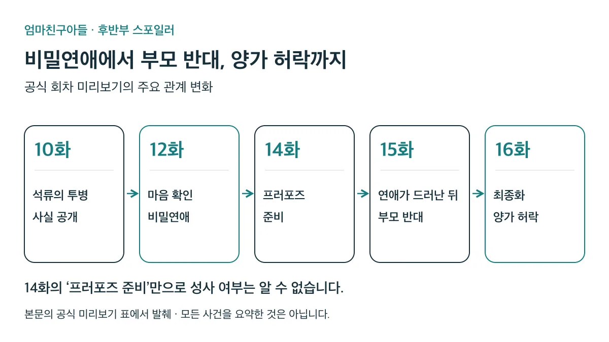 10화 투병 사실 공개부터 12화 비밀연애, 14화 프러포즈 준비, 15화 부모 반대, 16화 양가 허락까지의 주요 관계 변화