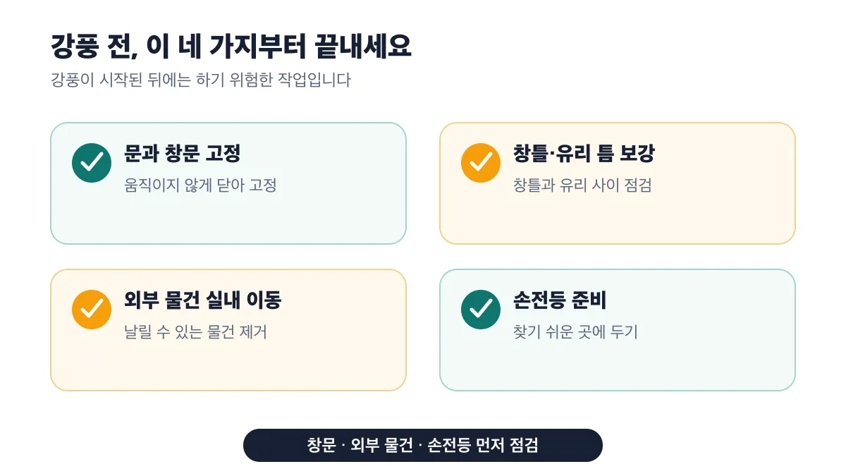 강풍 전에 끝낼 창문 고정과 외부 물건 이동 및 손전등 준비