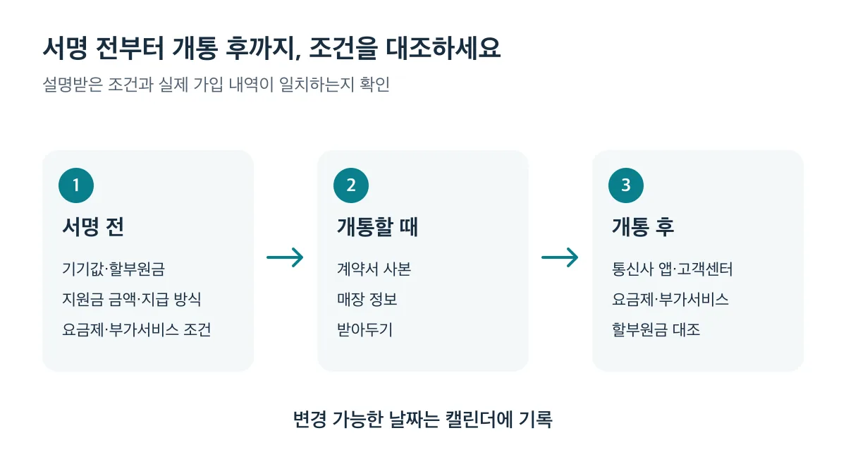 서명 전 계약 조건을 확인하고 개통 때 사본을 받은 뒤 개통 후 실제 가입 내역을 대조하세요