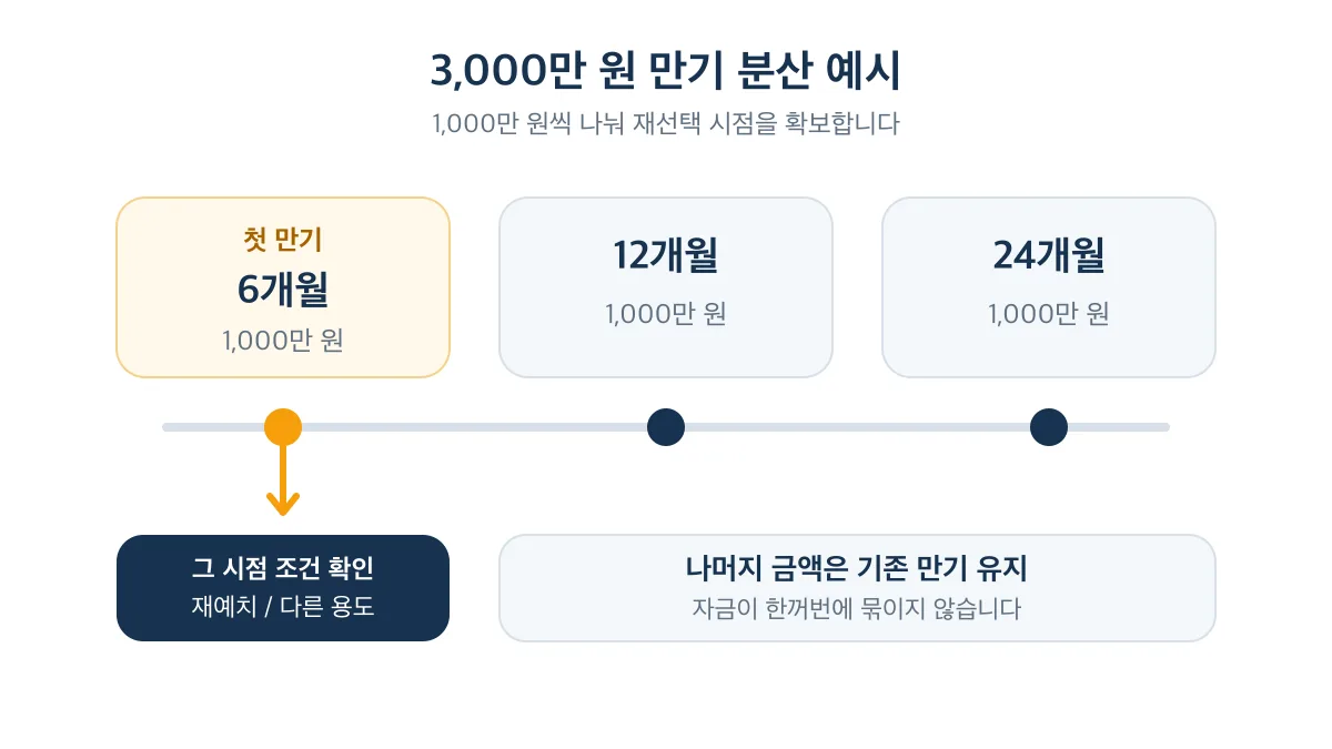 3,000만 원을 1,000만 원씩 6개월·12개월·24개월로 나누면 6개월 뒤 재선택 시점을 확보