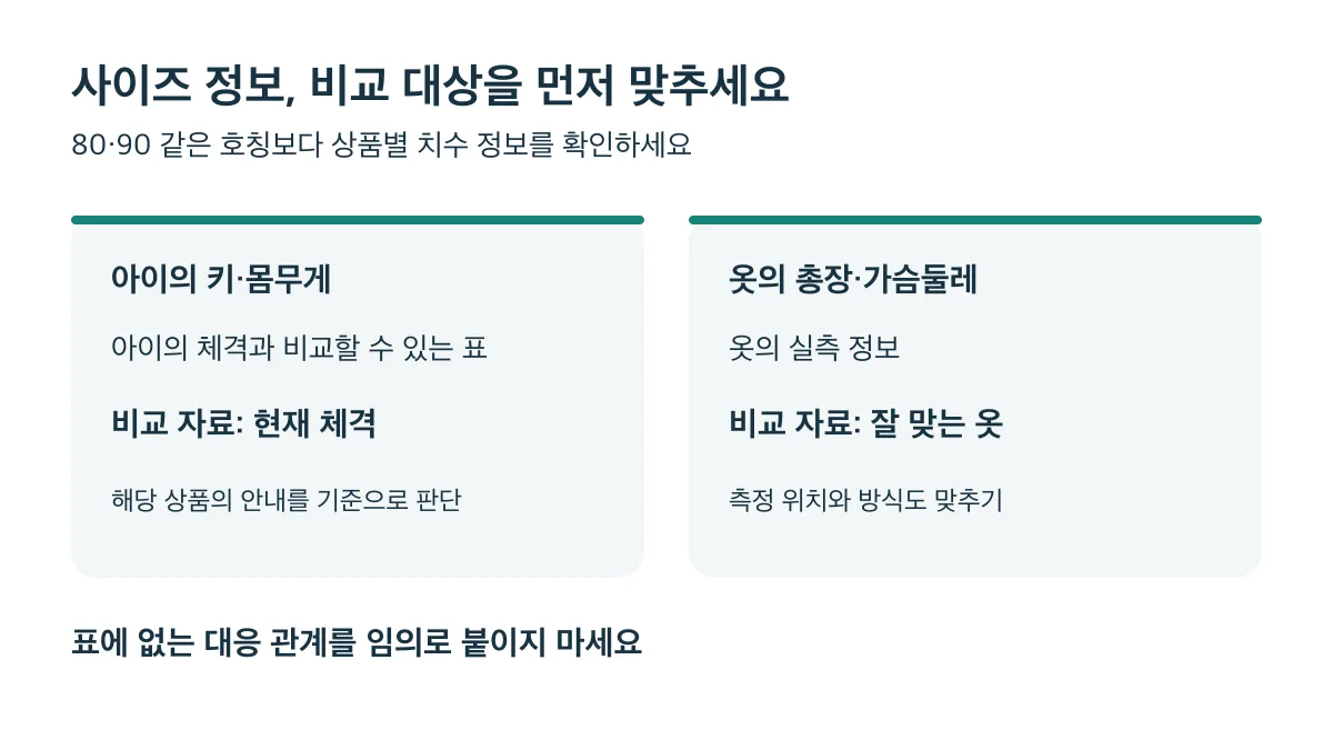 아이의 키·몸무게는 현재 체격과, 옷의 총장·가슴둘레는 잘 맞는 옷과 비교하고 측정 방식을 맞추세요