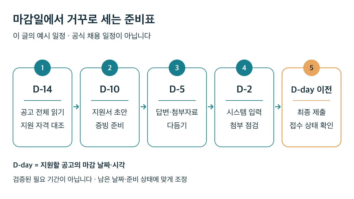 마감일 역산 예시: D-14 공고와 자격 확인부터 D-day 이전 최종 제출과 접수 상태 확인까지 5단계