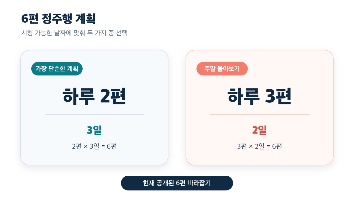 6편을 하루 2편씩 3일 또는 하루 3편씩 2일에 보는 계획 비교