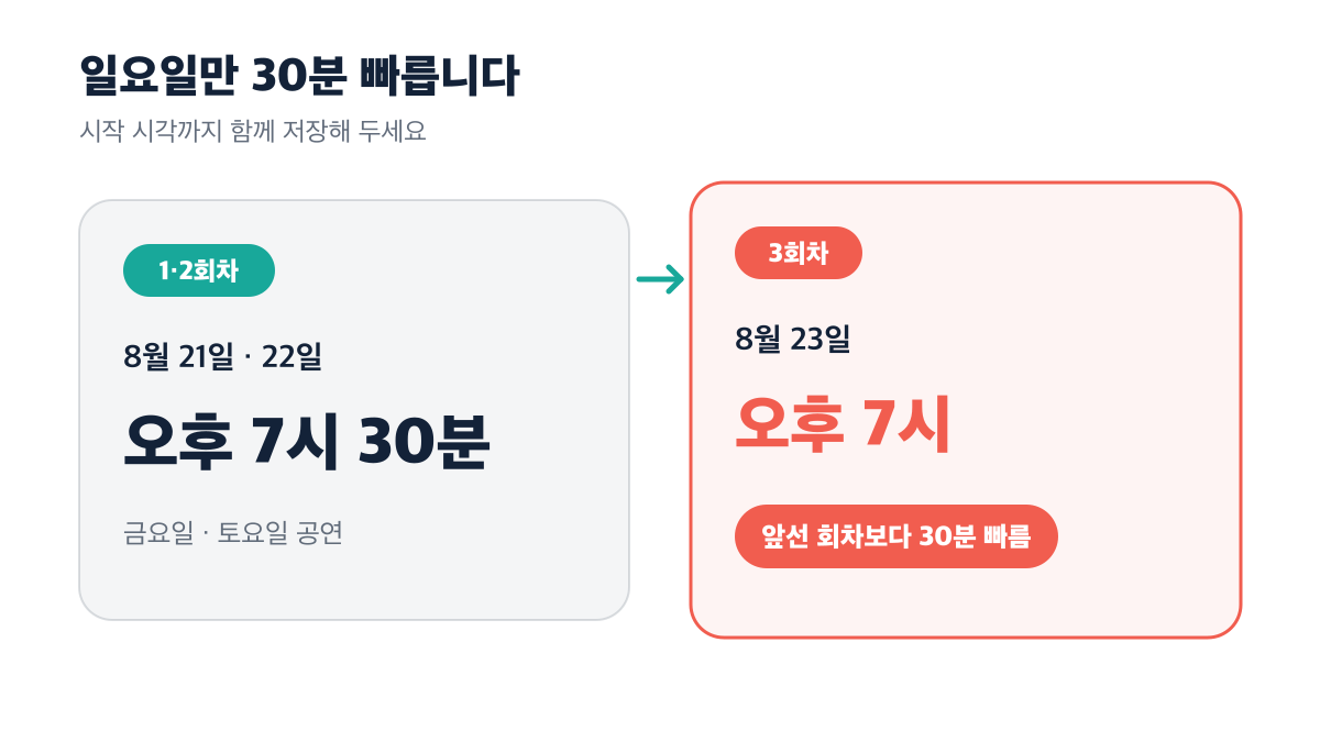 8월 23일 공연이 앞선 두 회차보다 30분 빠른 오후 7시에 시작함을 설명하는 다이어그램