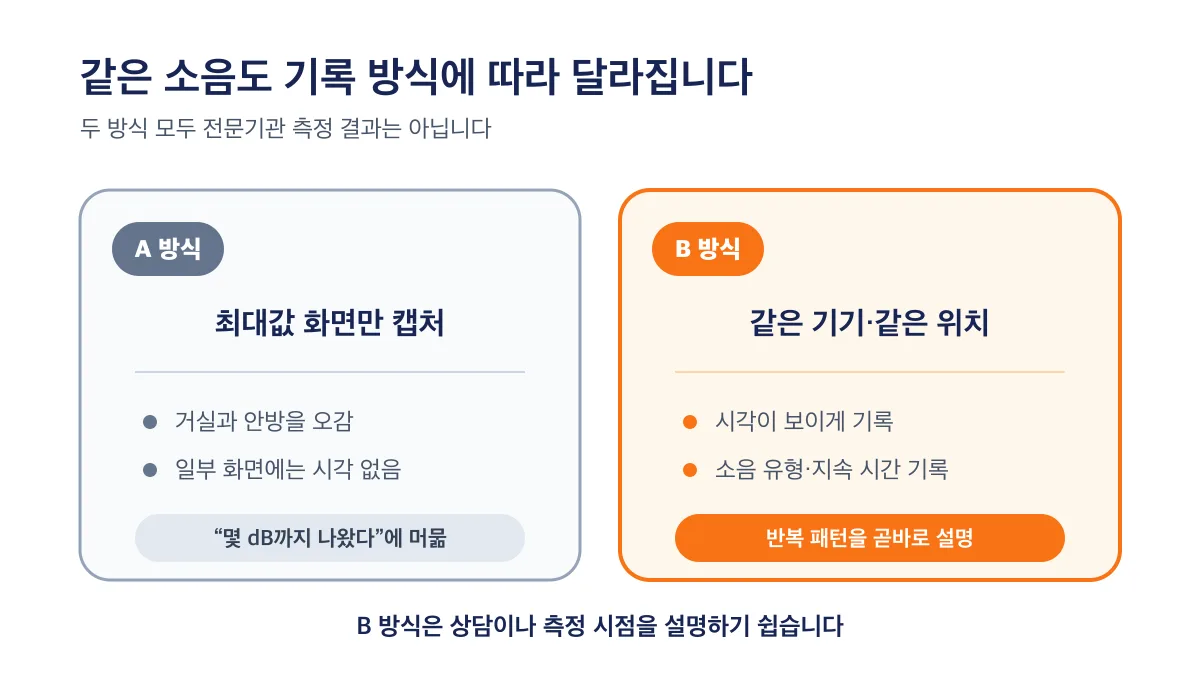 최대값 화면만 남기는 A 방식과 같은 조건에서 패턴을 기록하는 B 방식 비교