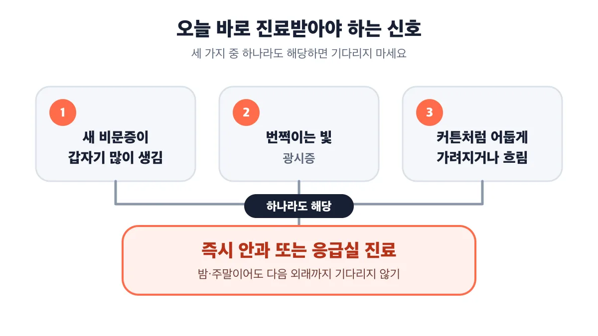 세 신호 중 하나라도 있으면 즉시 안과 또는 응급실 진료