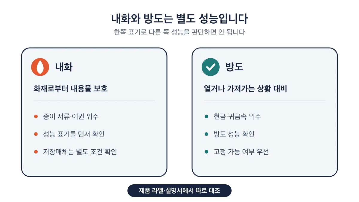 내화는 화재로부터 내용물을 보호하고 방도는 금고를 열거나 가져가는 상황에 대비하는 별도 성능
